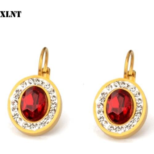 XLNT Fashion Simple Red Austrian Crystal Dangle Earrings For Women Gold Color Round Shaped Shinning Drop Earrings Female Jewelry