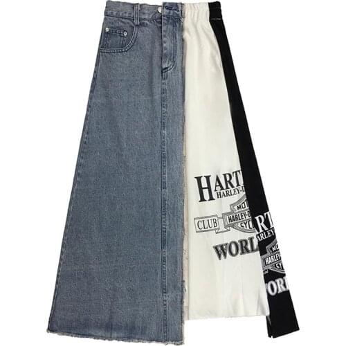 Womens Summer New Fashion Letter Printing Stitching Irregular Denim Skirt High Waist Mid-length Skirt Casual Harajuku Traf Y2k