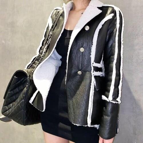 NEW Winter Warm Thick PU Leather Jacket Women High Quality Synthetic Fur Leather Double-breasted SlimLadies Coat Women Jacket