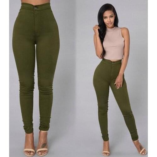 Women Pencil Stretch Pants Ladies Casual High-rise Elastic Denim Skinny Pants High Waist Candy Color Slim Jeans