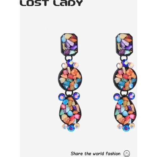 Lost Lady Colorful Stones Drop Earrings Bohemia Long Dangle Earrings for Women Exaggerated Boho Party Jewelry Gift