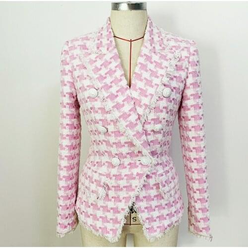 HIGH STREET Newest 2021 Fall Winter Designer Jacket Womens pink Lion Buttons Tassel Fringed Houndstooth Blends Tweed Blazer