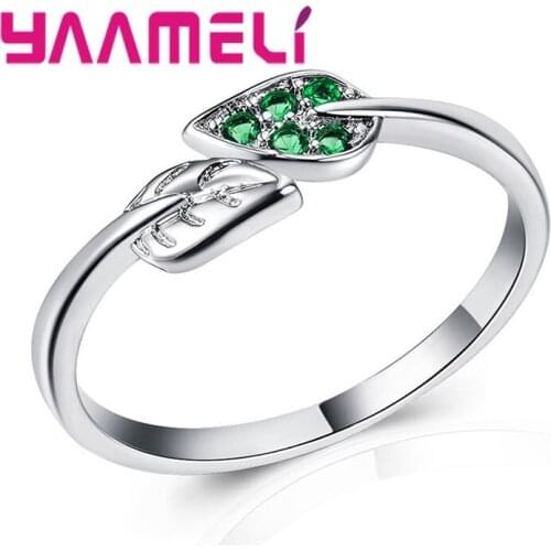 100% 925 Sterling Silver Dancing Leaves Leaf Green Dazzling CZ Finger Rings for Women Engagement Christmas Jewelry Anel Gifts