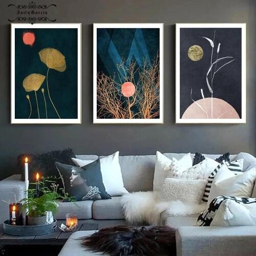 Abstract Moonshine Golden Leaves Plant Poster Modern Canvas Painting Print Wall Art Living Room Home Cuadros Decoration Pictures