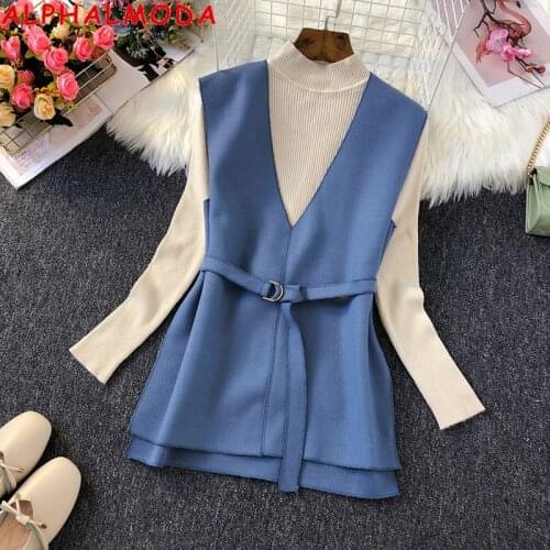 ALPHALMODA Spring Autumn Fashion Suit Age Reduction New Loose Woolen Vest with Knitted Sweater OL 2pcs Elegant 2pcs Set