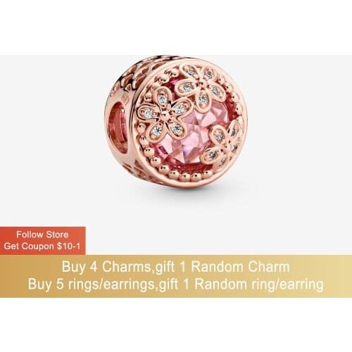 Volayer s925 Sterling Silver Beads Sparkling Pink Daisy Flower Charms fit Original Pandora Bracelets Women DIY Jewelry Making
