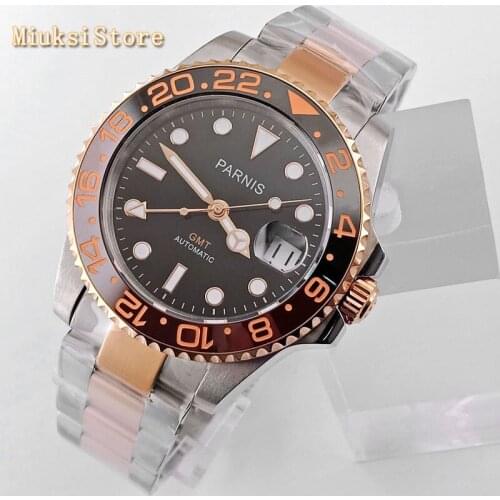 Parnis 40mm sapphire glass ceramic bezel black dial GMT date window automatic mens top luxury mechanical watches