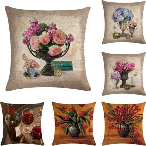 Flower Vintage One Side Print Cushion Cover Linen Pillow Cover for Home Sofa Seat Throw Covers Decorative 45X45Cm
