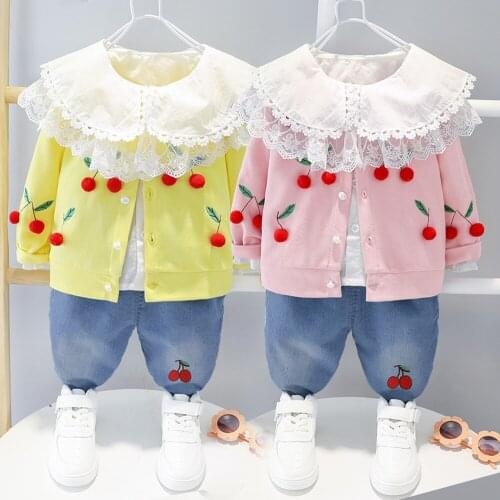 Baby girl clothes autumn new lace blouse children three-piece cherry cardigan cute suit jeans girls 0-4 years old fashion suit