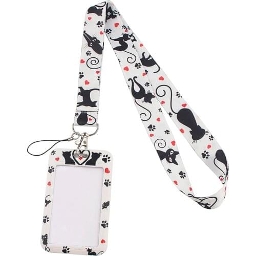 DZ1398 New Black Cat Print Keychain Ribbon Lanyards for Keys ID Card Phone Straps Hanging Rope Lariat Students Badge Holder