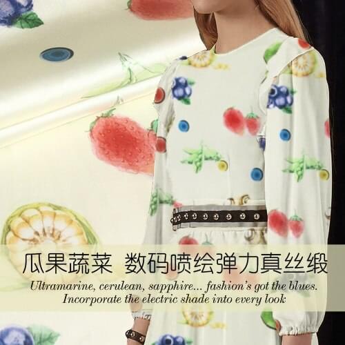 Fruits and vegetables printing stretch silk satin fabric breathable clothing dress fabric satin natural silk fabric