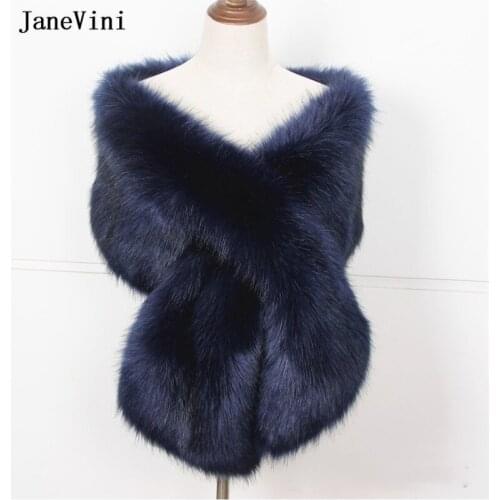JaneVini 2020 Fashion Navy Winter Faux Fur Bolero Bridal Shawls and Wraps Warm Cape Cloak Wedding Coat Jacket for Evening Party