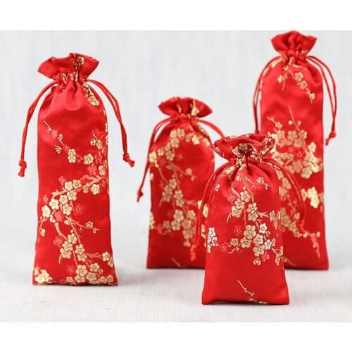 20pcs Chinese Gift Bags Satin Plum Embroidered Wedding Decor Christmas Birthday Gift Bag Drawstring Pouches Candy Packaging Bags