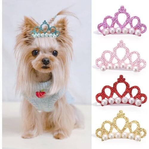Small Dogs Faux Pearl Crown Shape Bows Hair Clips Bow Cute Head Decoration Bow-Tie Hairpin Handmade Pet Grooming Accessories