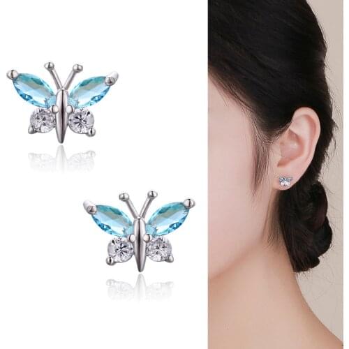 Cute Small 925 Sterling Silver Butterfly Sky Blue CZ Stud Earrings For Women Children Girls Kids Jewellery Orecchini Aros Aretes