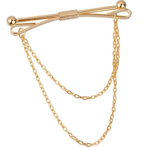 Men Necktie Shirt Tie Collar Pin Chain Tie Clip Clasp Bar Mens Brooch Gold