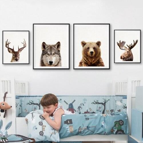 Woodland Animals Bear Moose Photo Nordic Posters and Prints Nursery Wall Art Canvas Painting Wolf Deer Pictures Kids Room Decor