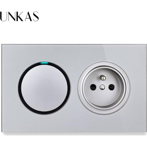UNKAS 1 Gang 1 Way / 2 Way + French Standard Wall Power Socket On / Off Light Switch LED Indicator White Crystal Glass Panel 16A