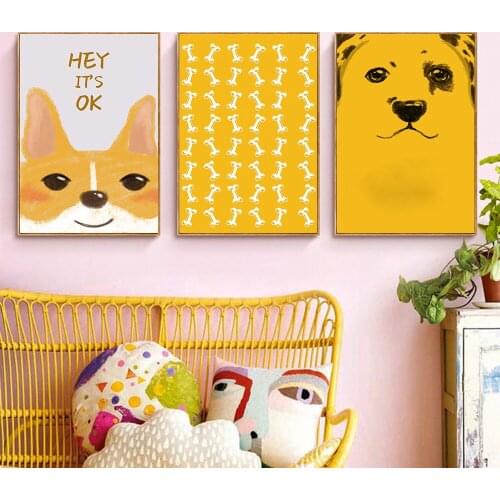 Nordic Watercolor Dog and Bone Canvas Art Print Painting Yellow Poster Funny Cartoon Animal Wall Pictures Kids Room Decoration