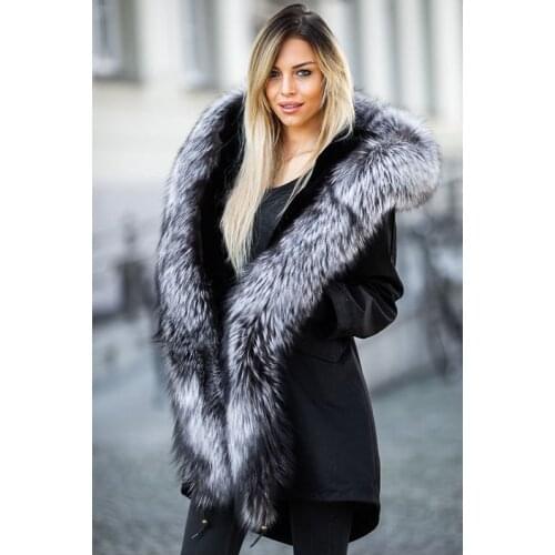 FURSARCAR Fashion Black Parkas Women Winter Big Real Silver Fox Fur Collar Hood Rabbit Fur Inside Luxury Female Real Fur Parka