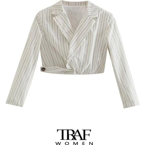 TRAF Za Women Fashion With Knot Striped Cropped Blazer Coat Vintage Long Sleeve Side Zipper Female Outerwear Chic Veste