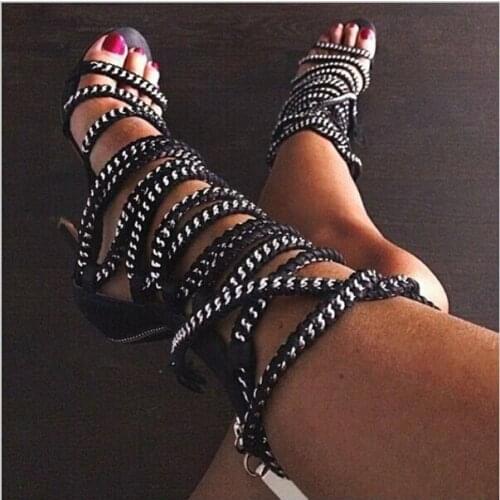 Sexy Chains Rope Women Sandals High Heels Stiletto Tassel Lace Up Gladiator Sandals Botas Strappy Celebrity Summer Shoes Woman