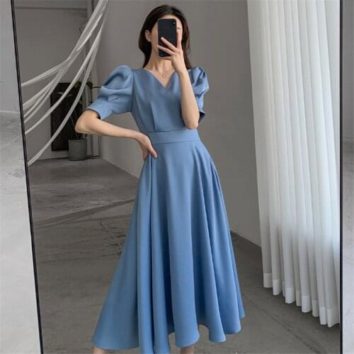 Women Korean Fashion 2021 Summer Dress V-neck Puff Sleeve High-Waisted Thin French Style Maxi Dress robe femme vestido de mujer