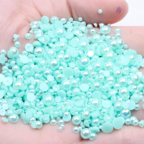 Half Round Pearls Lake Green AB 2-12mm And Mixed Sizes Non Hotfix Glue On Resin Beads DIY Nail Art Garment Decoration