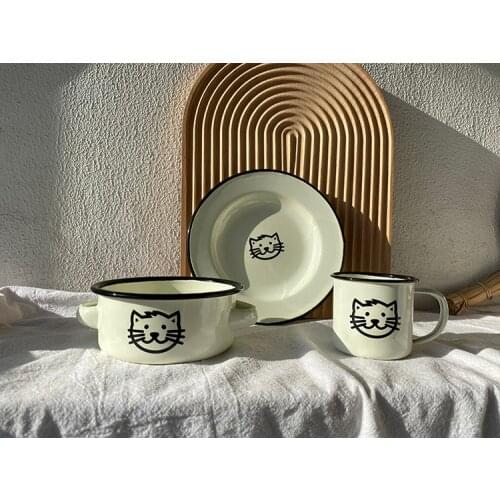Simple Enamel Enamel Cute Cartoon Cat Childrens Tableware Cup Plate Soup Bowl Combination