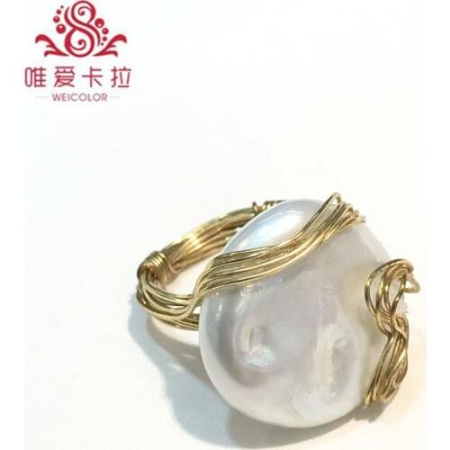 WEICOLOR DIY!Popular Handmade Ring, 20-22mm White Coin-shaped Freshwater Pearl on Gold Mixed . Contact for Size in Diameter