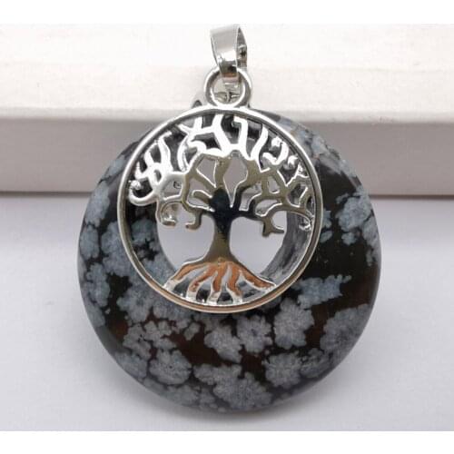 Snowflake Obsidian Stone GEM Circle Tree of life Pendant Woman Jewelry S306