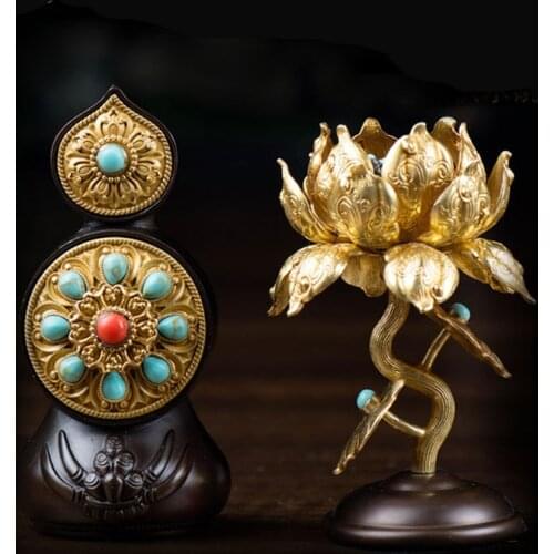 Tibetan Buddhist Dharma-vessel Pure Copper Inlaid Beads Exquisite Pattern Dermagor Torma Butter Sculpture Sacrificial Vassel