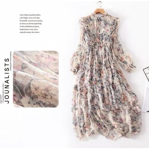 Lotus collar stitching printed silk dress summer new light mature womens lace up medium long skirt two piece womens dress