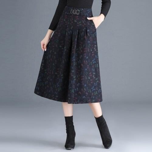 Winter Fall Vintage Womens High Waisted Pleated Butterfly Printed Mid Calf Wool Skirt , A Line 4xl Woolen Skirts for Women