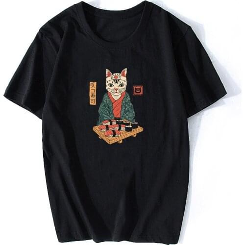 Funny Cute Japan Sushi Cat Graphic Tees Women Tshirt Print Kawaii Black T-Shirt Women Top Femme Ulzzang Cartoon T Shirt