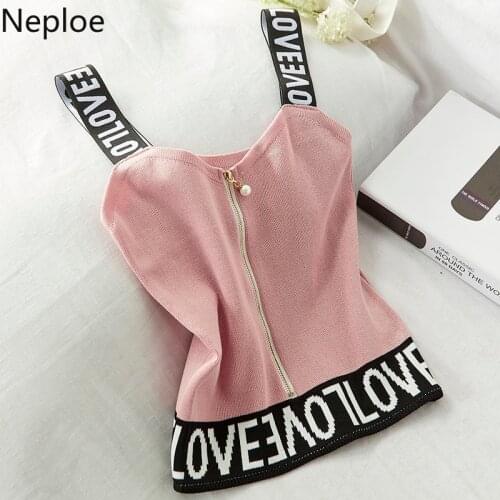 Neploe Letter Print Knitted Camis Women Summer 2021 Sexy V Neck Sleeveless Tanks Spring 2021 Zipper Short Female Tops 49755