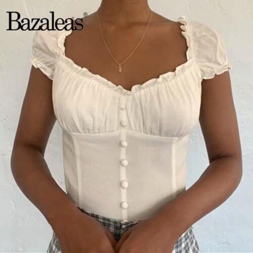 Bazaleas Chic White Cap Sleeve ropa mujer Fashion Center Buttons blouse women harajuku shirt Vintage Blouse