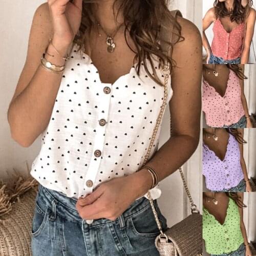 Women 2021 Sexy Polka Dot Blouse Shirt Elegant V-Neck Sleeveless Button Tops Summer 2XL Fashion Ladies Chic Streetwear Top Blusa