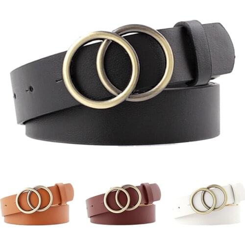 Designer Vintage Classic Double Round Circle Buckle Belt Female Black Red Brown Solid Color Wide Leather Belts For Women