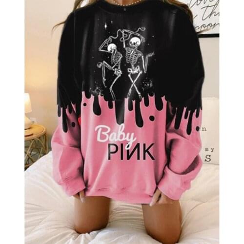Women autumn loose patchwork PINK skull pattern pullover hoodies oversized streetwear hip hop winter sweatshirt 2020 clothing