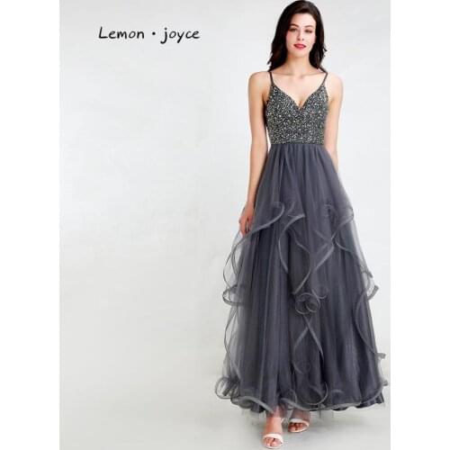 Lemon joyce Formal Evening Dresses 2020 Sexy V-neck Beading A-line Evening Party Gowns Plus Size
