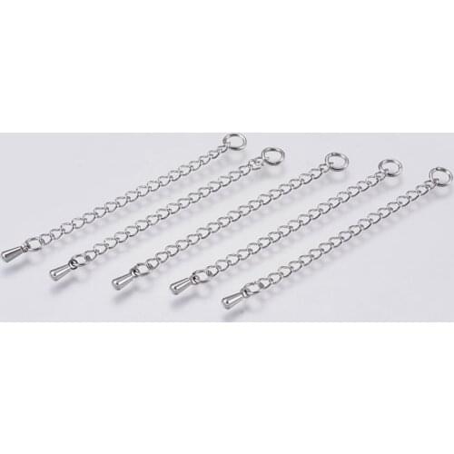 10pcs 304 Stainless Steel Chain Extender, with Drop Chain Tab, Stainless Steel Color, 70x3mm, Hole: 4mm