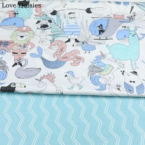100% cotton twill cartoon nordic wind alpaca mermaid unicorn swan blue chevron fabric for DIY kid bedding cushion handwork decor