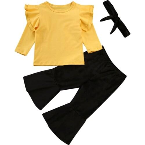 Newborn Baby Girl Solid Ruffle Tops Flare Pants Bell-bottoms 3pcs Infant Toddler Girls Outfit Autumn Clothes