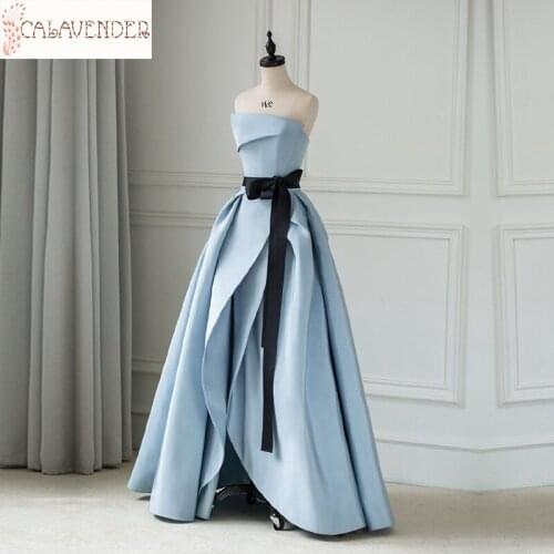 Strapless Satin Long Evening Dresses High Split Floor Length Formal Evening Gowns Black Sash Bodice Blue Prom Dresses