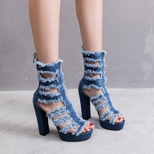 High-barrel Sandals Women Hollow Thick Heeled European and American Denim Summer Ultra-high Heel Edals 12cm Waterproof Table