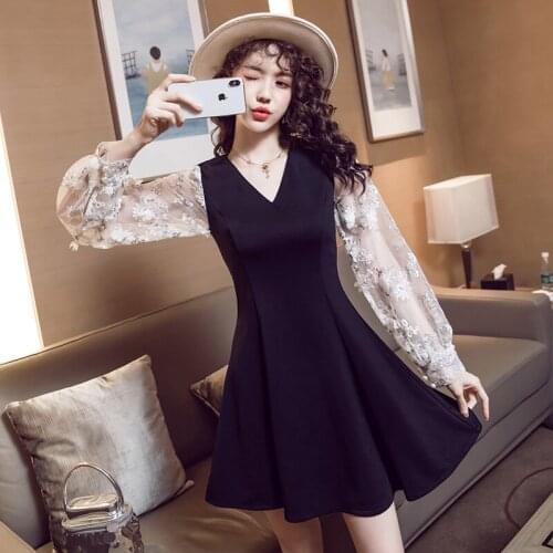 COIGARSAM Embroidery Women one-piece dress korean New Spring Dresses Black 8530