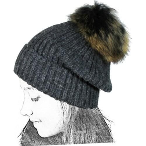 Long Knitted Hat Woman Brown Khaki Wool Pompon Fur Ball Fur Teddy Ski