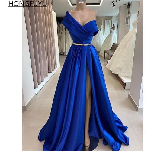 HONGFUYU One Shoulder Satin Prom Dresses Long A-Line Dubai High Slit Formal Evening Dress for Party robe de soirée de mariage