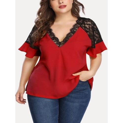 Summer large size T-shirt 4XL5XL6XL 7XL 8XL bust 133CM womens short sleeve sexy V-neck lace stitching hit color casual T-shirt